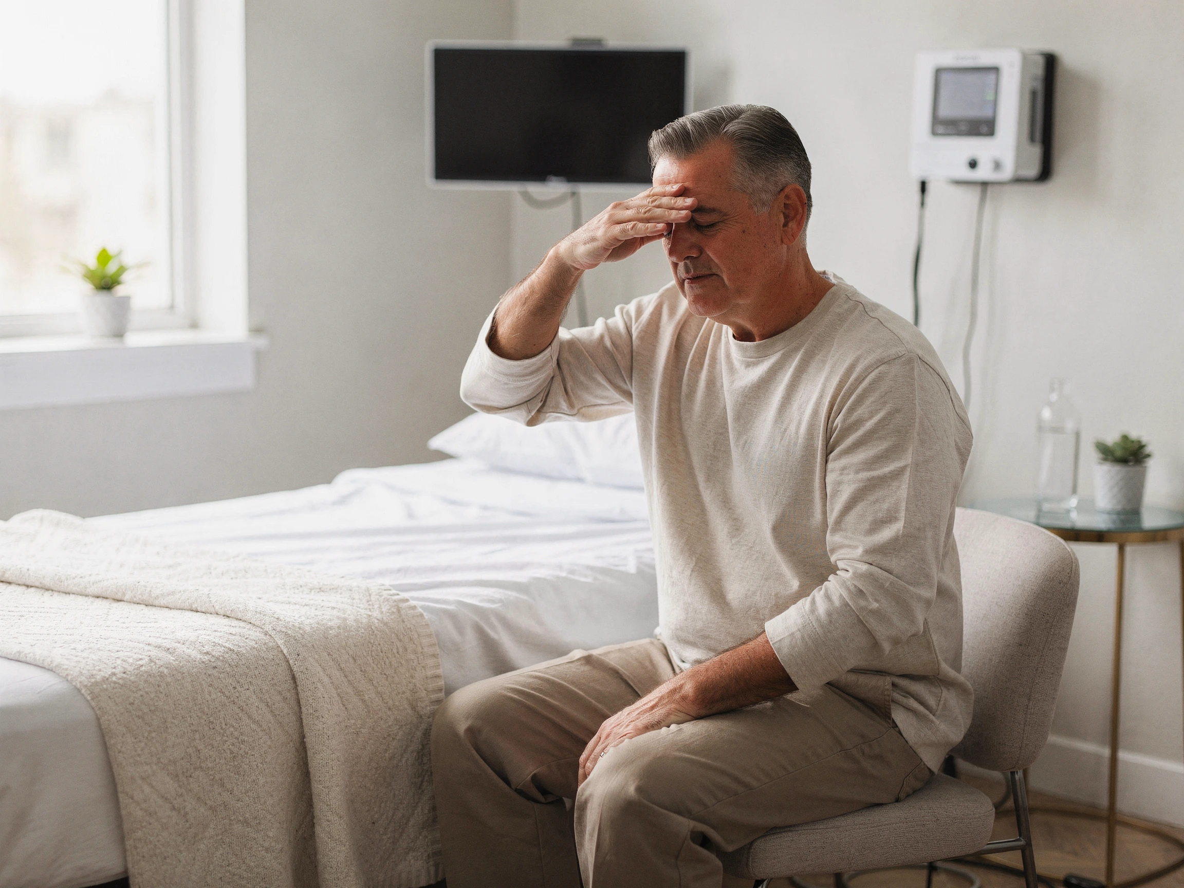Man sitting on bed holding his head, appearing fatigued in a clinical sleep study room